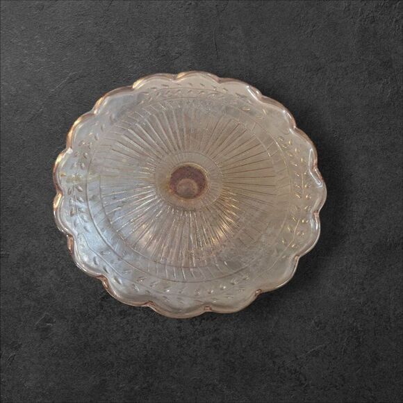 Vintage Pink Depression Glass Cake Stand With Scalloped Edges & Floral Design 9" - Picture 6 of 9